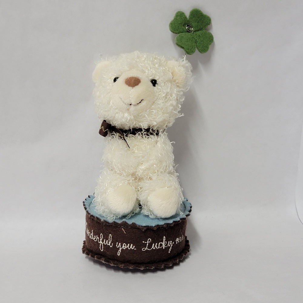 White Fuzzy Teddy Bear Lucky Clover Sitting on Base "Wonderful you Lucky me"